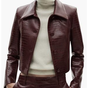 Mango Croc-Embossed Leather Jacket in Dark Brown